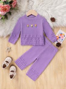 SHEIN Baby Girl Floral Applique Stylish & Cute Long Sleeve Top And Elastic Waist Pants 2 Pieces Knit Sweater Set