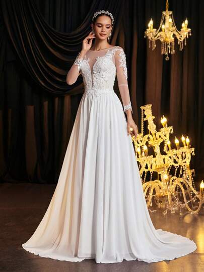 Glamrae Elegante y lujoso vestido de novia de gasa blanca de manga larga con encaje bordado, bajo extra ancho y tren desmontable, adecuado para boda, fiesta, vacaciones, baile de graduación, novia, para el Día de San Valentín