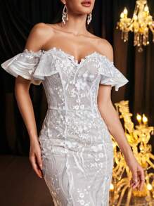 Glamrae 优雅奢华露肩荷叶边袖绷带美人鱼下摆礼服带拖尾，适合婚礼、派对、度假、婚纱 - 米色 - 查看 5