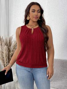 SHEIN LUNE Plus Size Ribbed Gold Buckle Teardrop Tank Top - Burgundy - View 5