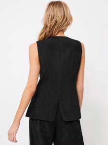 SHEIN EZwear Rompi Blazer Tanpa Lengan Korduroi Polos Sederhana untuk Wanita, Hitam - Hitam - View 2
