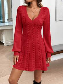 SHEIN LUNE Valentine's Day Sweater Women Dress Red Sweater Dress Women's Casual Solid Color Waist-Cinched Sweater Dress For Autumn/Winter