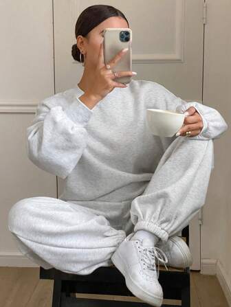 DAZY 2 pièces/Set Femme Couleur Unie Sweat-shirt-shirt Ample à Col Rond Manches Longues et Pantalon de Survêtement avec Doublure Thermique, Vêtements Femme pour l'Automne