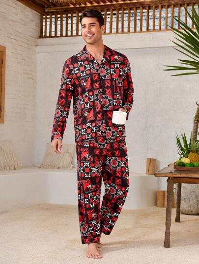 Manfinity ChillVibe Conjunto de pijama de hombre con top de manga larga de solapa única y pantalones con estampado floral