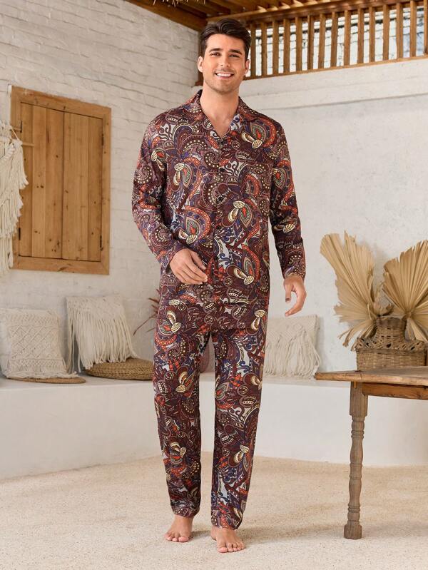 Manfinity ChillVibe Set pijama 2 piese pentru bărbați, top cu mâneci lungi și pantaloni, minimalist și la modă, pentru ținute casual de zi cu zi