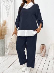 SHEIN LUNE Conjunto de 2 piezas de mujer de talla grande con camisa de manga larga en bloque de color y pantalones para otoño