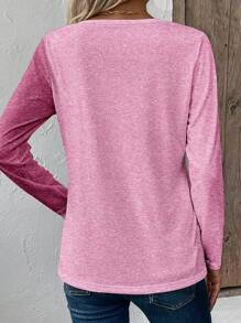 INAWLY 女式春秋渐变色十字和英文标语数码印花修身休闲圆领长袖T恤图案T恤女式春季上衣 - 粉色 - 查看 2