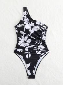 女士随机印花斜肩简约日常连体泳衣夏季 - 黑與白 - 查看 3