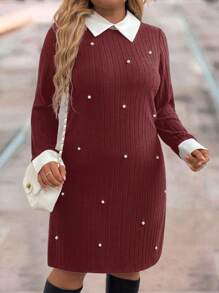SHEIN LUNE Plus Size Spring/Fall Casual Color Block Beaded Decoration Dress Winter Clothes, Dress With Sleeves, Black Long Sleeve Dress, Thanksgiving Dress