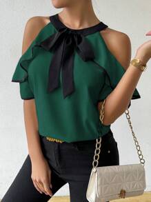 EMERY ROSE Blusa casual de hombros abiertos con lazo, unicolor, uso diario de moda - Verde Oscuro - Ver 3