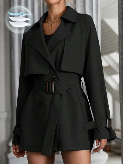 EMERY ROSE Women's Solid Color Lapel NeckRaglan Sleeve Double-Breasted Casual Trench Coat