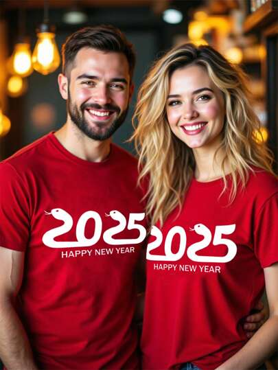 SHEIN Essnce 2025 新年快乐休闲宽松圆领短袖 T 恤女士