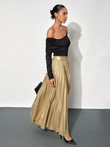 Maija 女士黑色优雅重叠露肩褶皱短袖修身长袖 T 恤，秋冬 - 黑色 - 查看 4