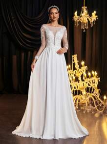 Glamrae 优雅奢华的白色薄纱长袖蕾丝刺绣拼接雪纺超大裙摆婚纱礼服，带可拆卸拖尾，适合婚礼、派对、度假、舞会、新娘、情人节等场合。 - 白色 - 查看 7