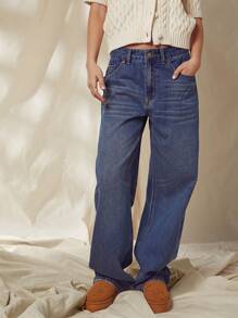 WESTFADE بنطلون جينز واسع الساق غير مطاطي ذو خصر عالٍ