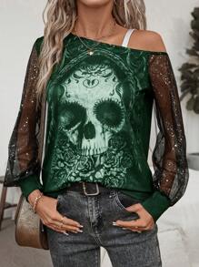 SHEIN LUNE Blusa de ombro oblíquo com estampa floral e caveira da moda de outono para mulheres