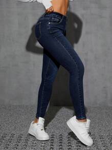 SHEIN PETITE Women's Pockets Skinny Casual Versatile Jeans - Blue - View 6
