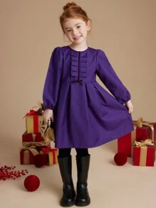PrepCrw Young Girls' Autumn/Winter Academia Style Navy Blue Bowknot Woven Cinched Waist A-Line Ruffle Hem Round Neck Dress