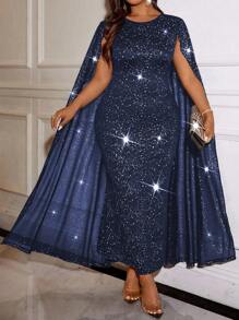 EMERY ROSE Elegant Round Neck Cape Fitted Cocktail Dress, Prom