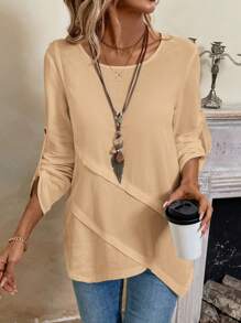 EMERY ROSE Women's White Blouse With Asymmetrical Hem Design, Round Neck - Khaki - View 7