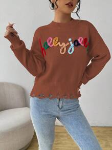 Chiquease Suéter casual de mujer con patrón de letras y hombros caídos, suéter de punto de otoño/invierno
