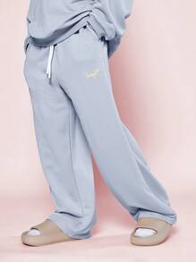 SUMWON Conjunto de 2 piezas para niña preadolescente con sudadera cuello redondo cómoda con estampado gráfico en el cuello y pantalón de chándal de corte recto