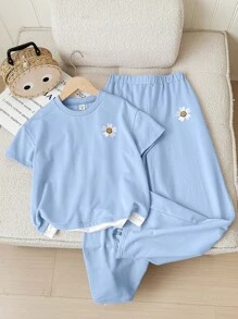 SHEIN Leap Crew Bộ 2 món áo len cổ tròn tay ngắn và quần ống đứng cho bé gái tuổi mới lớn - Màu xanh nhạt - Xem 1