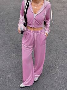 SHEIN EZwear Set de 2 piezas de chaqueta casual y pantalones de mujer de terciopelo rosa con capucha y cremallera delantera