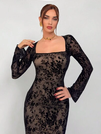 Aloruh 女士秋冬新款聚会约会晚会性感网眼天鹅绒花卉印花修身方领长袖紧身鱼尾裙