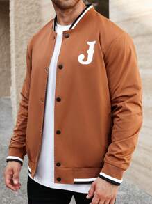 Manfinity Homme Plus Size Men's Casual Contrast Color Trim Letter Print Jacket, Autumn - Bronze - View 4