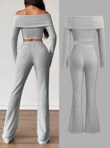 Flirla 2 stuks/set abrikooskleurige textuur ronde hals drop schouder fleece top en rechte pijp casual broek