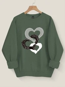 SHEIN LUNE 1 件女士宽松圆领大码落肩运动衫，带心形图案，春/秋，薄荷绿 - 綠色 - 查看 3