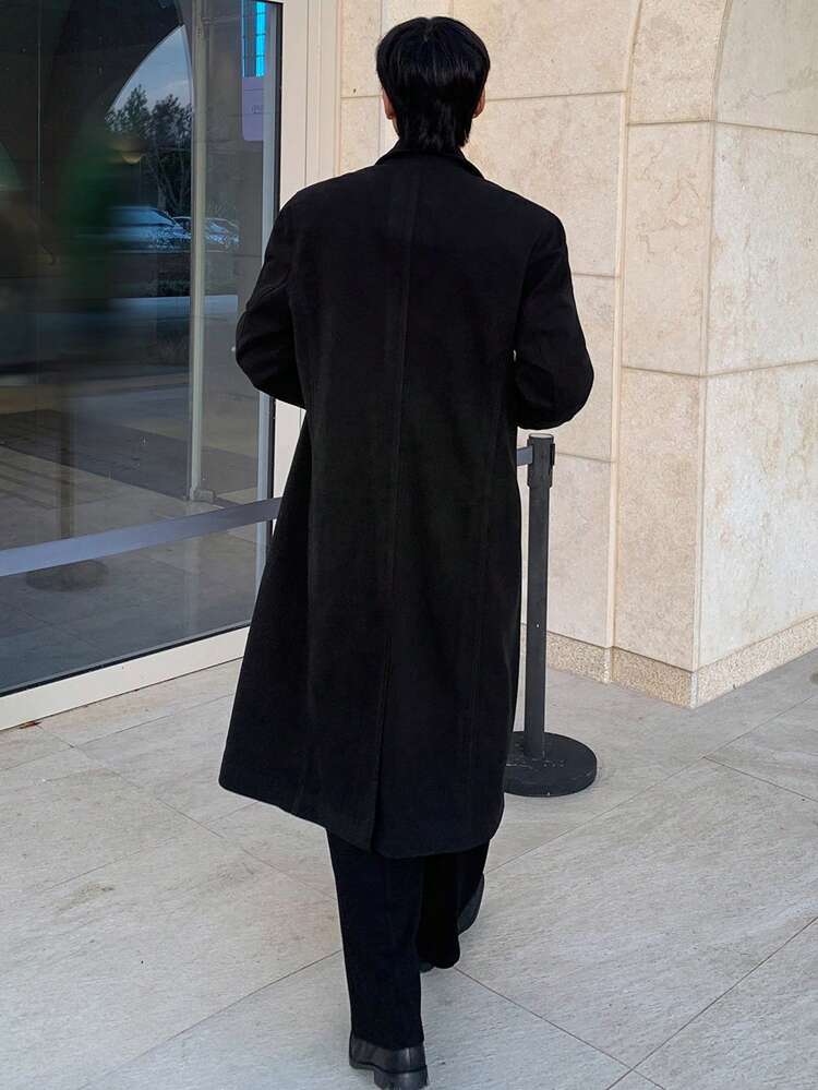 Men's Solid Black Overcoat For Autumn Business Attire