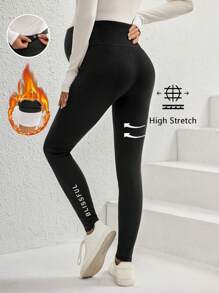 SHEIN Adjustable Waist Pregnant Women Letter Print Casual Thermal Lined Leggings