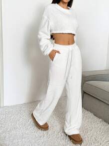 SHEIN EZwear 2pcs/Set Women Solid White Oversized Drop Shoulder Cropped Sweatshirt And Drawstring Waist Wide Leg Pants, Autumn/Winter