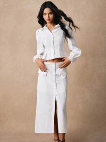 Poéselle 2 peças/Conjunto Top de Manga Longa com Botões na Frente e Saia A-Line em Cor Sólida para Mulher, Desgaste Diário, Elegante e Charmoso, Adequado para Uso Diário, Rua, Transporte, Encontro, Festa e Outras Ocasiões - Branco - Visão 5