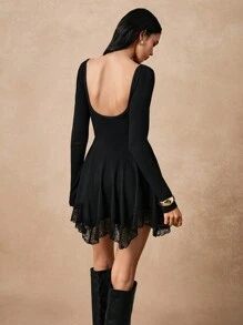 Poéselle Bộ đồ liền thân nữ Đầm nữ Đầm đen hở lưng viền ren bất đối xứng Đầm dệt kim màu trơn hở lưng cổ tròn tay dài Đầm mini thanh lịch cho nữ, Đầm mini thu đông cho nữ Đầm mùa đông Quần áo nữ mùa đông Đầm ngày lễ tình nhân Đầm suông Boho Quần Đầm mùa đông Đầm dự tiệc cho nữ, - màu đen - Xem 2