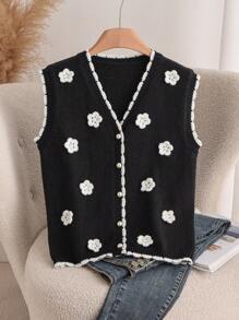 SHEIN Frenchy Casual 3D Floral Pattern Black & White Knitted Cardigan, Plus Size, Suitable For Autumn & Winter