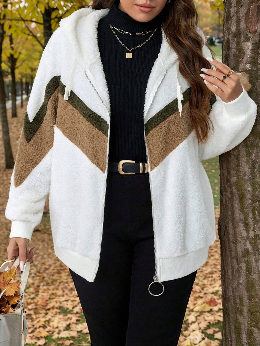 SHEIN LUNE Áo khoác nữ cỡ lớn có mũ kéo khóa phối màu tương phản, phong cách thường ngày, giữ ấm mùa thu/đông và dịp Tết Dương lịch. - Nhiều màu - Xem 1