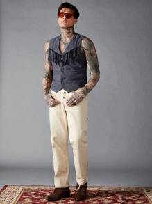 Manfinity VCAY 男士无袖衬衫，正面有纽扣和流苏装饰，休闲日常穿着 - 藏蓝色 - 查看 3