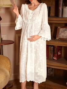 PalaceNights 孕妇宽松蕾丝拼接半开襟刺绣睡裙娃娃衫长袖奢华家居服，舒适优雅细节，秋冬款 - 白色 - 查看 4