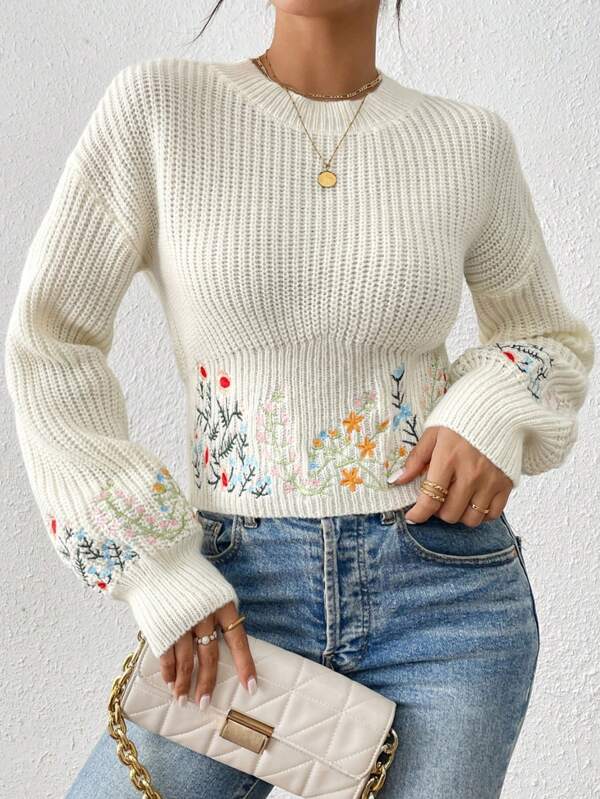 Chiquease Casual Floral Embroidery Drop Shoulder Short Sweater, Autumn/Winter