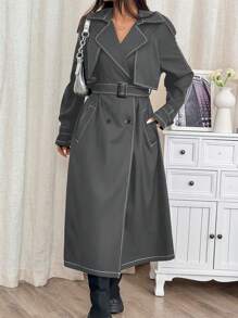Muchica Black Double Breasted Belted Trench Coat - Grey - View 6