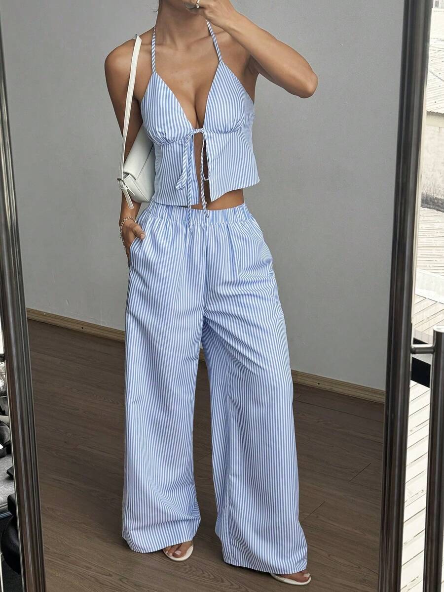 SHEIN Tall Striped Cami With Front Tie & Loose Straight Leg Pants 2 Pieces Set For Women