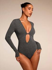 SHEIN BAE Body de mujer de unicolor con cuello en V profundo y calado