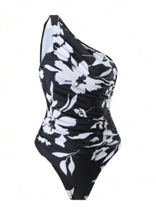 女士随机印花斜肩简约日常连体泳衣夏季 - 黑與白 - 查看 1