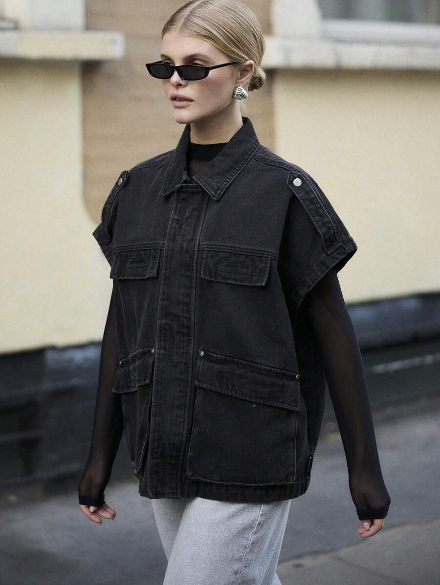 AiiRZ Sleeveless Oversized Workwear Denim Trucker Vest Utility Style Military-Inspired Button Front Jacket With Patch Pockets Fall Winter Layering Outerwear - Black - View 1