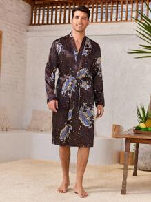 Manfinity ChillVibe Men's Full-Print Minimalist Long Sleeve Robe, Casual Everyday Wear - Multicolor - View 4