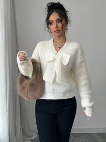 Elenzga Damski top z długim rękawem i kokardą, minimalistyczny design do codziennego noszenia