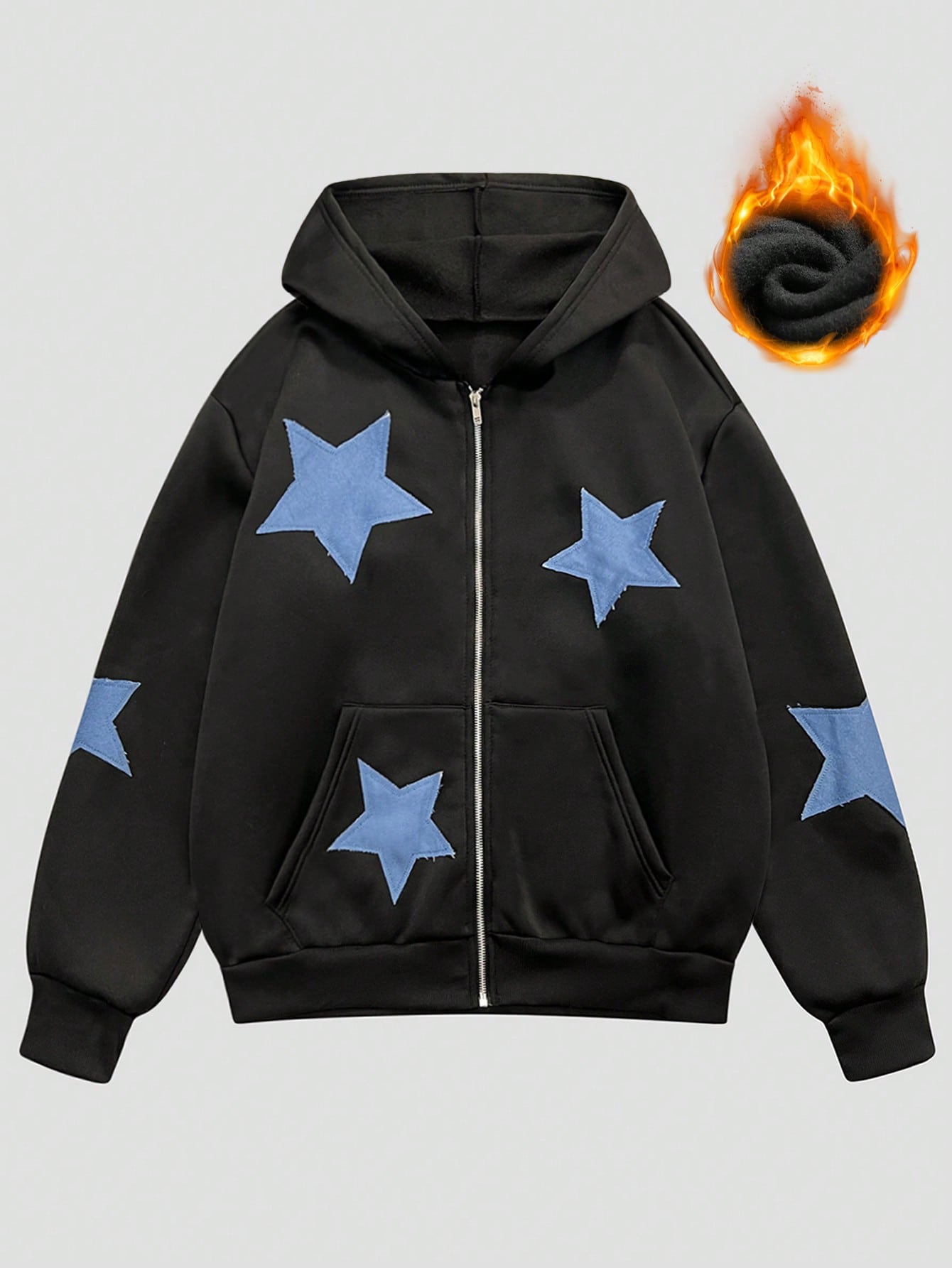 Men's Christmas Thermal Lined Knitted Sweatshirt With Star Applique, Casual Outdoor Sports Hooded Sweatshirt, Autumn/Winter